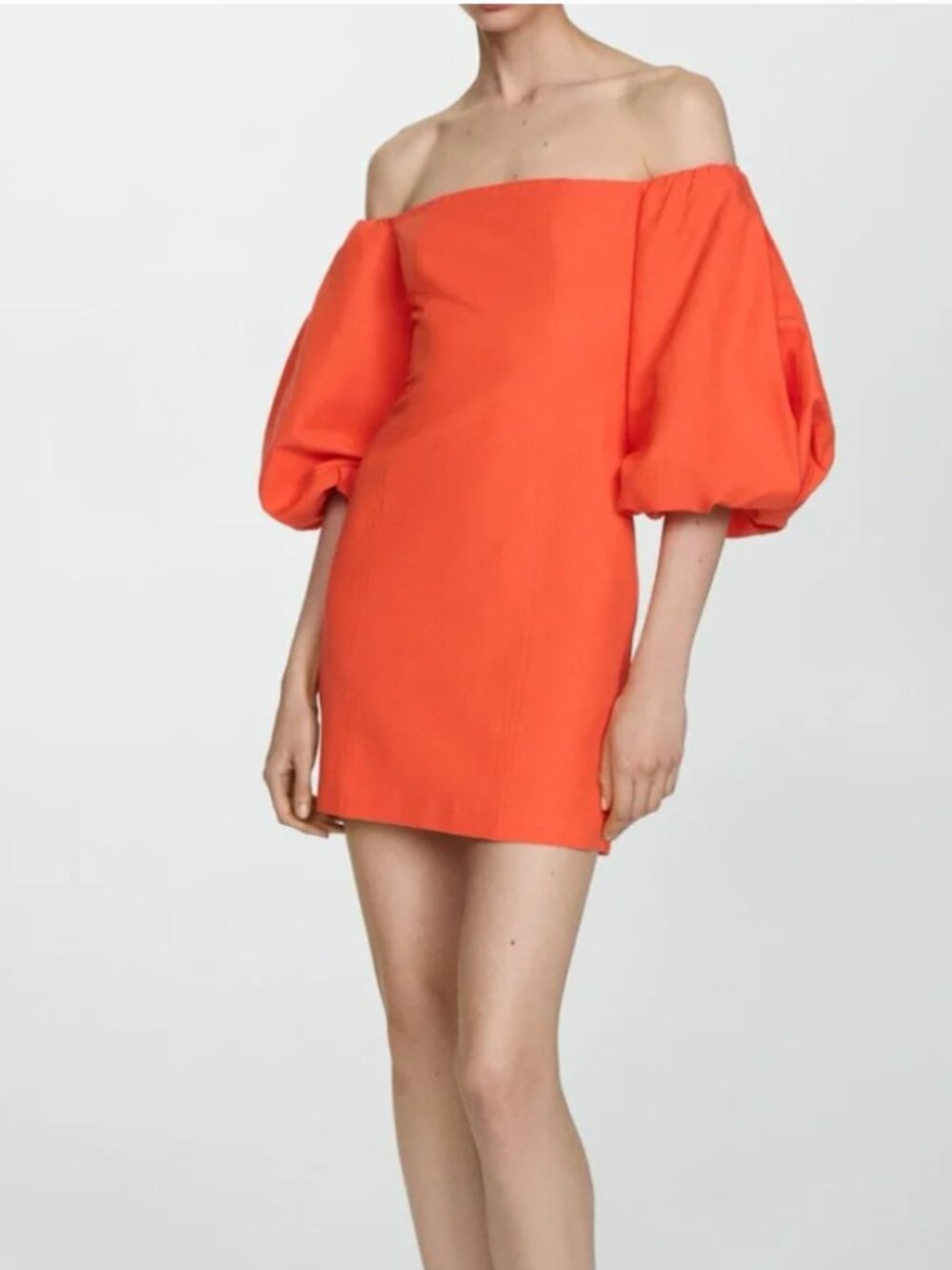 Mango Orange Puff Sleeve Off-Shoulder Sheath Dress